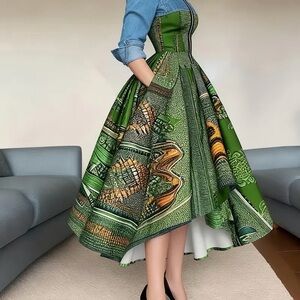 Green Patterned Dress with Denim Top